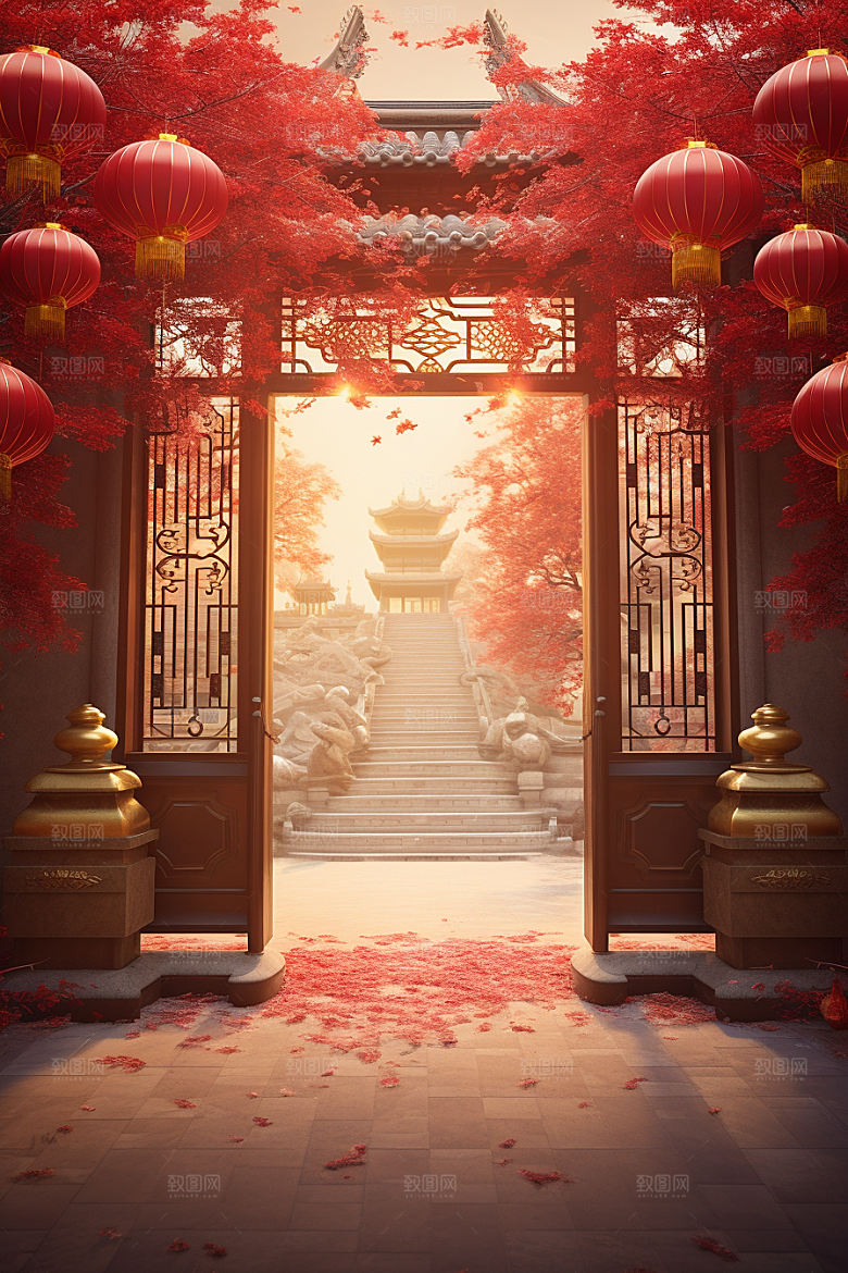 中式传统门楼火热中国风背景图
