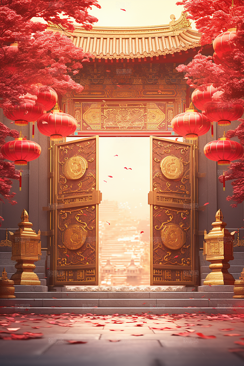 中式传统门楼国潮开门红背景图