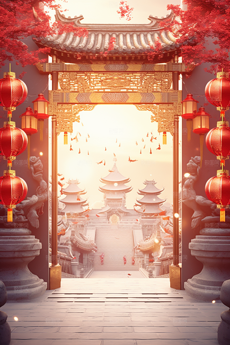 中式传统门楼开业喜庆背景图