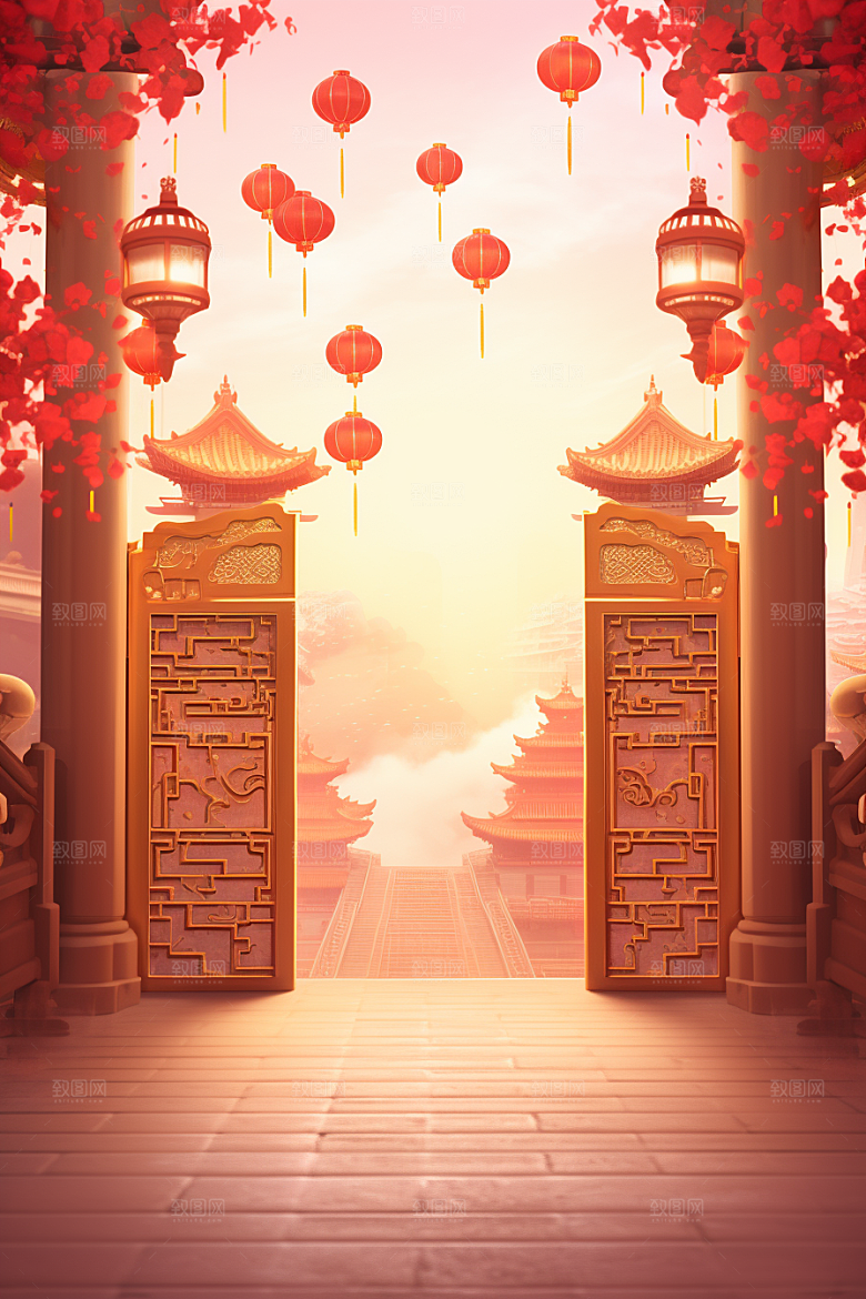 中式传统门楼直播开门红背景图