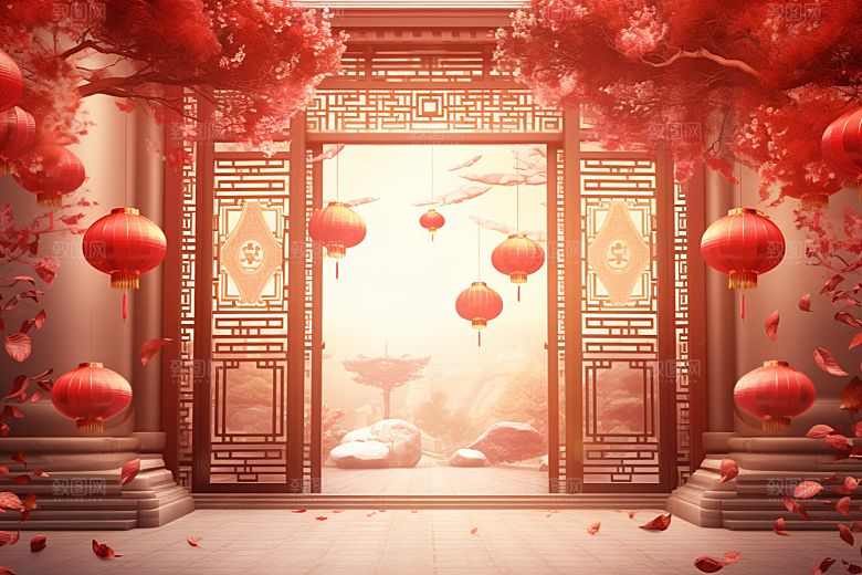 中式传统门楼火热开门红背景图