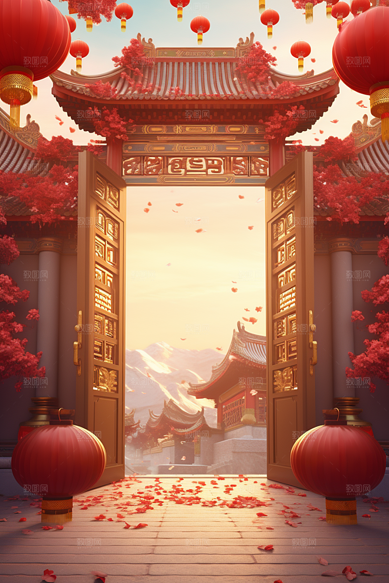 中式传统门楼喜庆开业大吉背景图