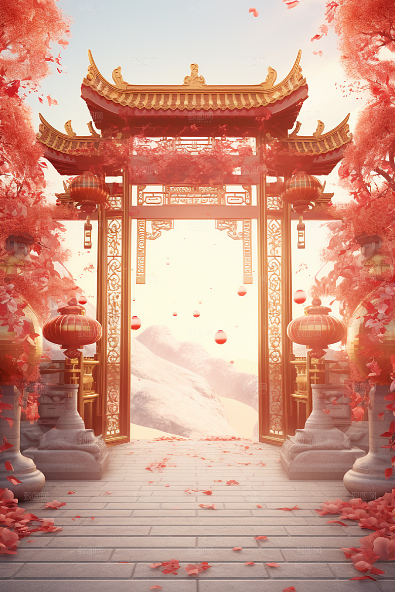 中式传统门楼喜庆开门红背景图