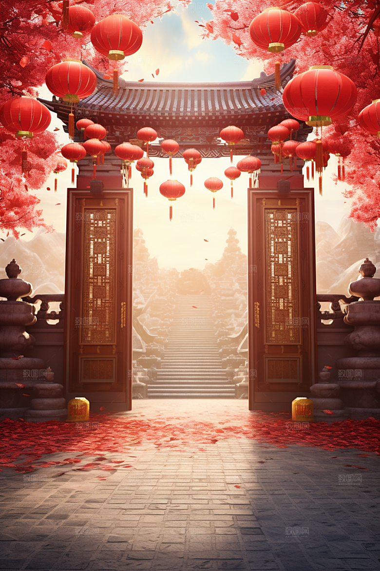 中式传统门楼开门红促销背景图