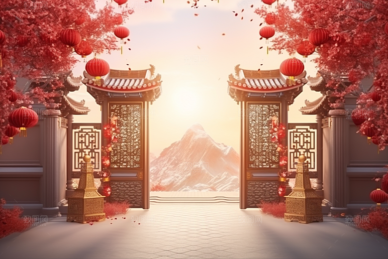 中式传统门楼促销喜庆背景图