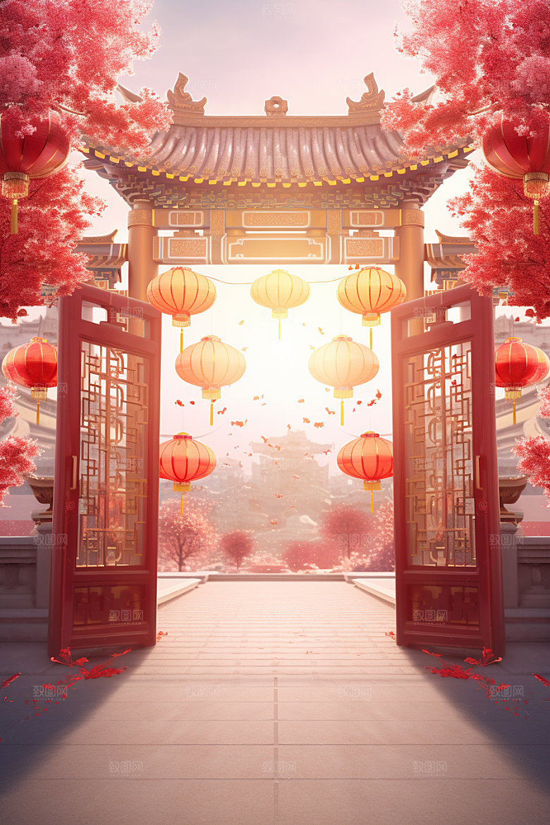 中式传统门楼国潮火热背景图