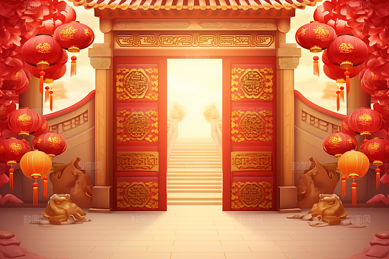 中式传统门楼国潮直播背景图