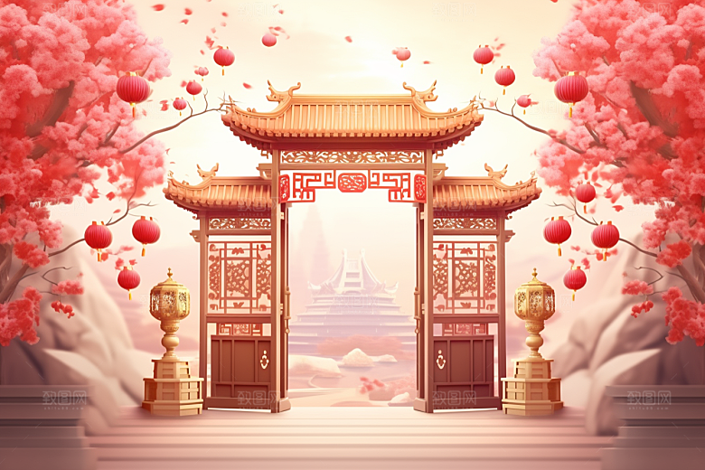中式传统门楼开业大吉国潮背景图