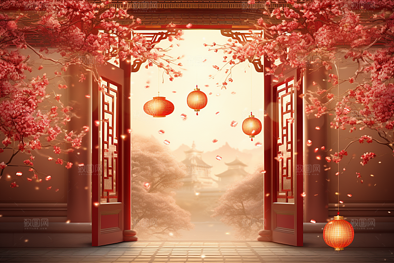中式传统门楼直播开业背景图