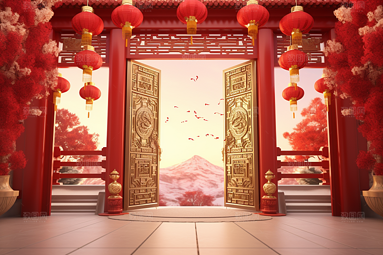 中式传统门楼开业火热背景图