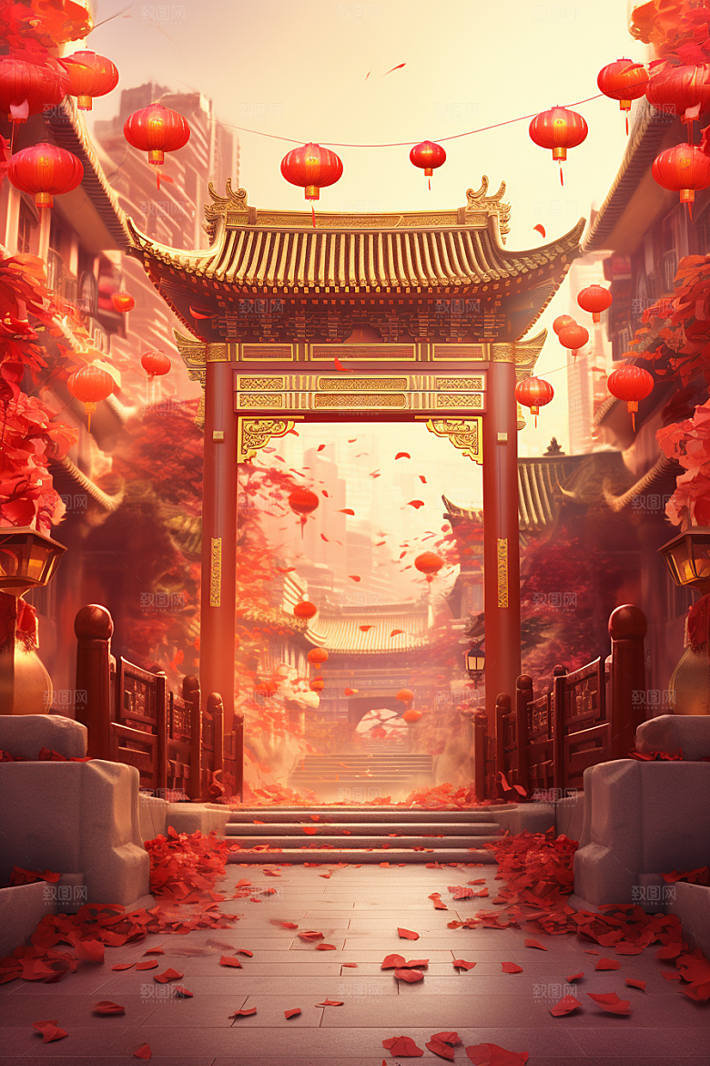 中式传统门楼火热开门红背景图