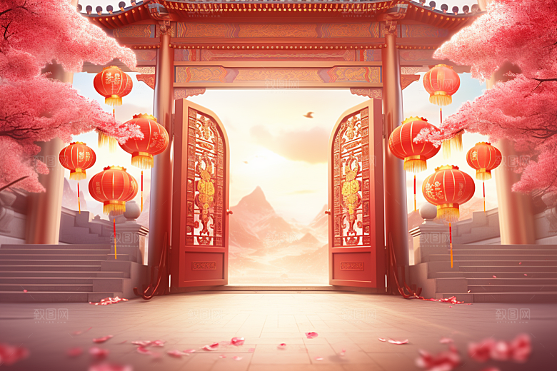 中式传统门楼开业大吉喜庆背景图