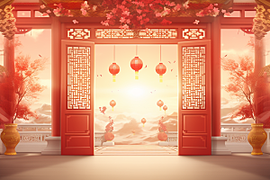 中式传统门楼开业大吉火热背景图
