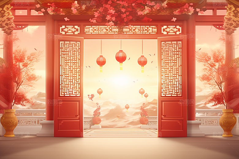 中式传统门楼开业大吉火热背景图