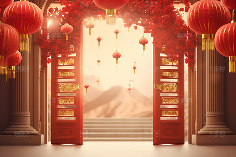 中式传统门楼促销开门红背景图