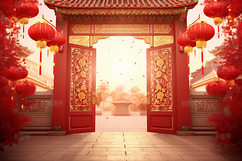 中式传统门楼直播开业背景图