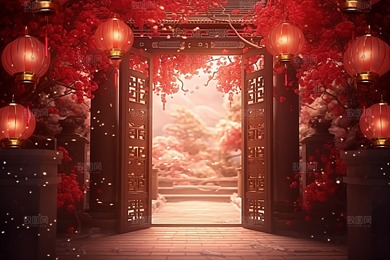 中式传统门楼开门红开业大吉背景图
