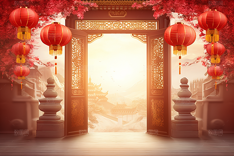 中式传统门楼喜庆开业大吉背景图