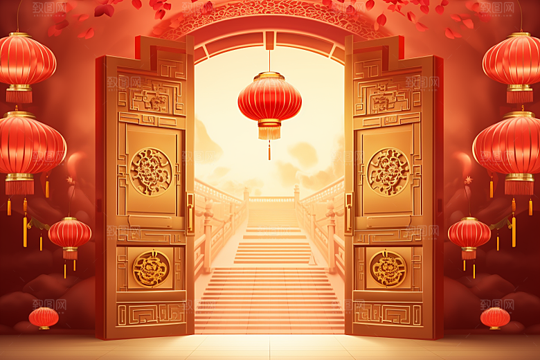中式传统门楼国潮开门红背景图