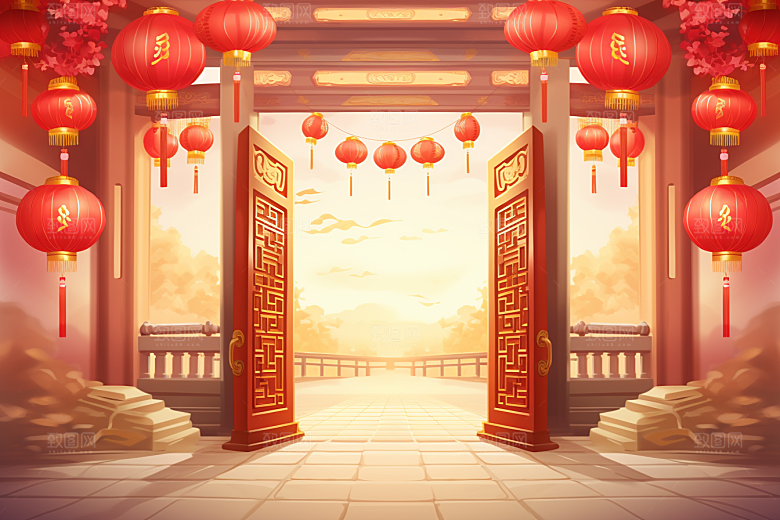 中式传统门楼开门红火热背景图