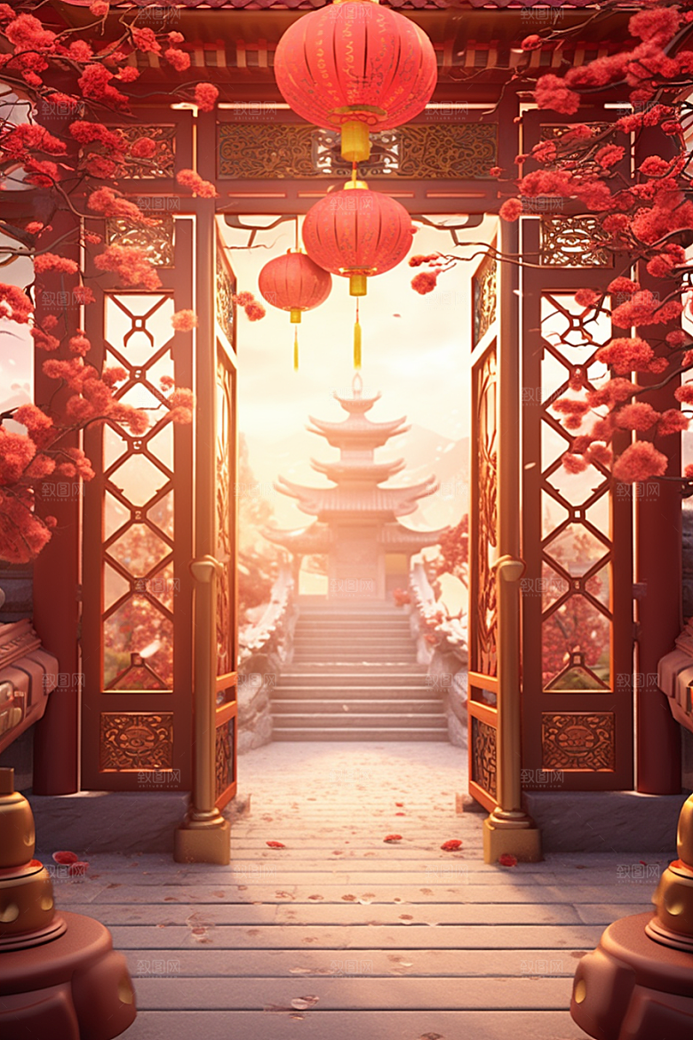 中式传统门楼开门红促销背景图