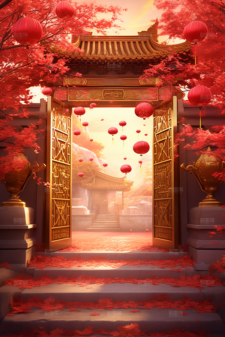 中式传统门楼开门红直播背景图