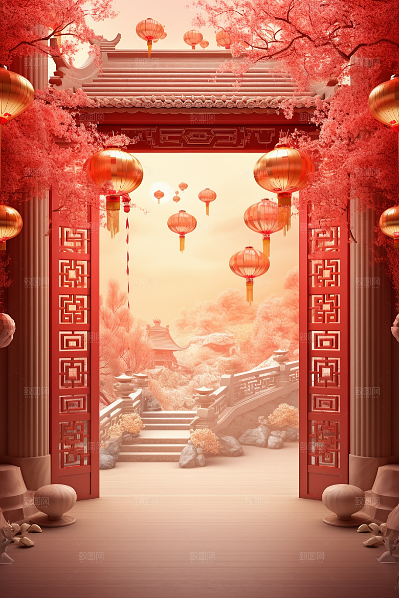中式传统门楼开业大吉火热背景图