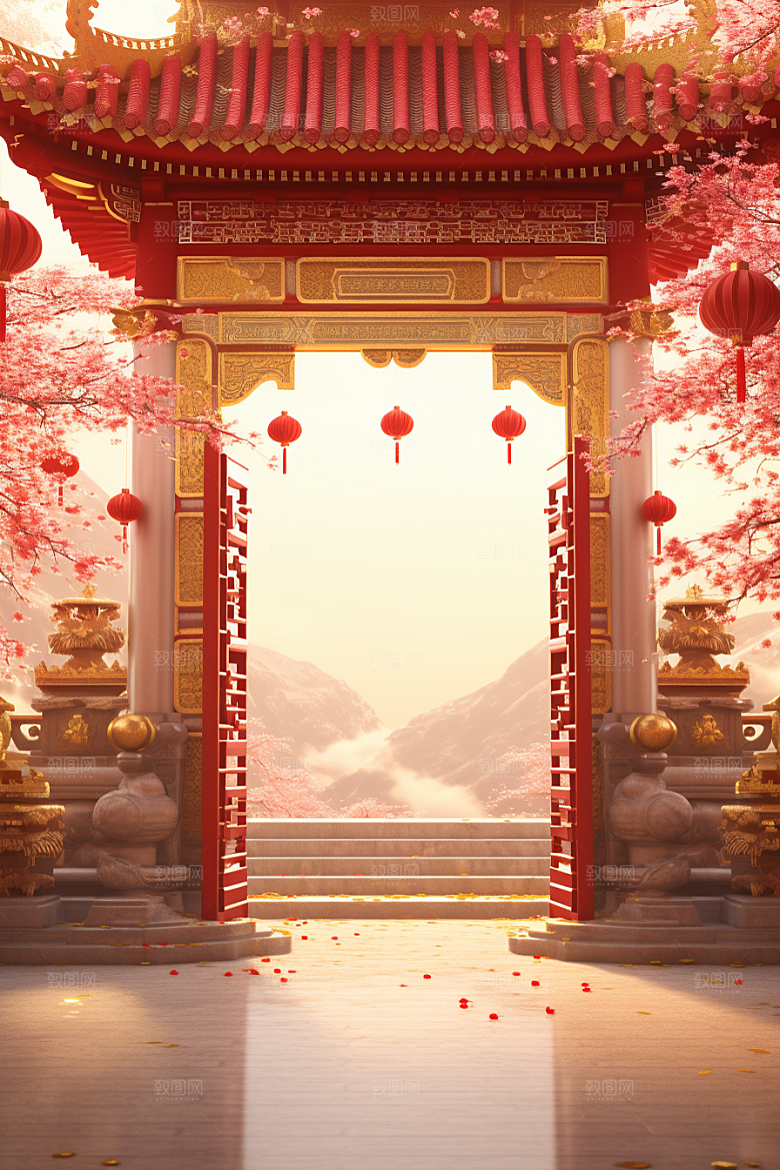 中式传统门楼促销开门红背景图