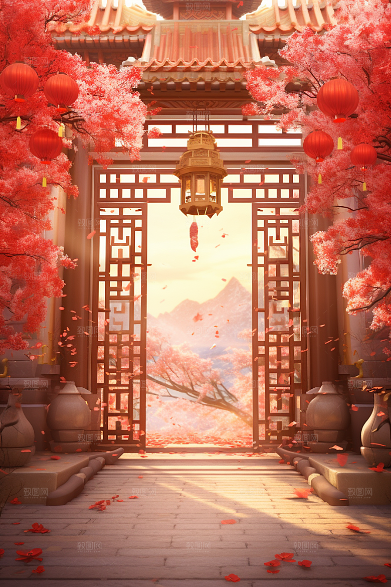 中式传统门楼促销开业大吉背景图