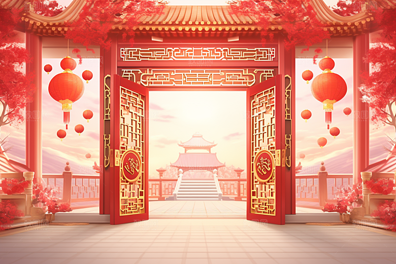 中式传统门楼喜庆国潮背景图
