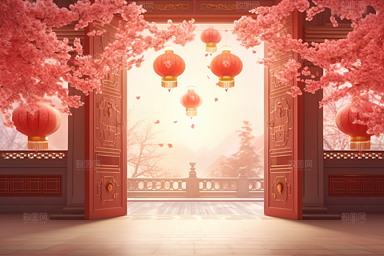 中式传统门楼火热开业背景图
