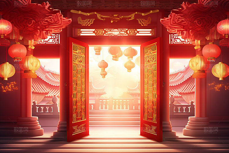 中式传统门楼开门红促销背景图