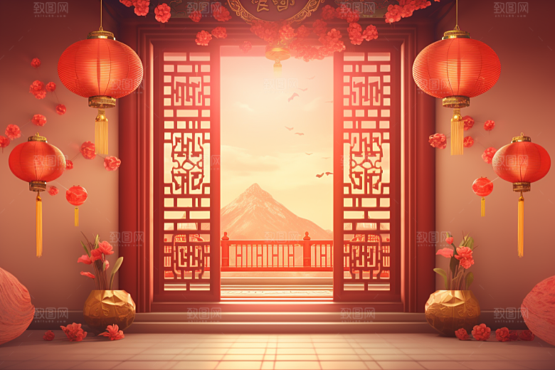 中式传统门楼开业大吉开业背景图