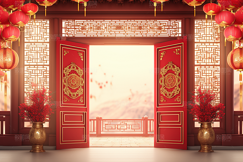 中式传统门楼喜庆开业背景图