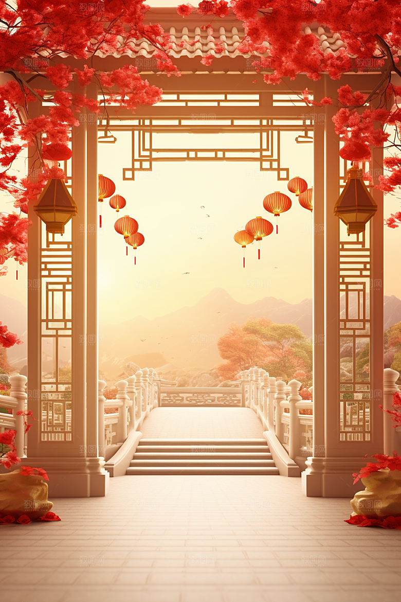 中式传统门楼热卖开门红背景图