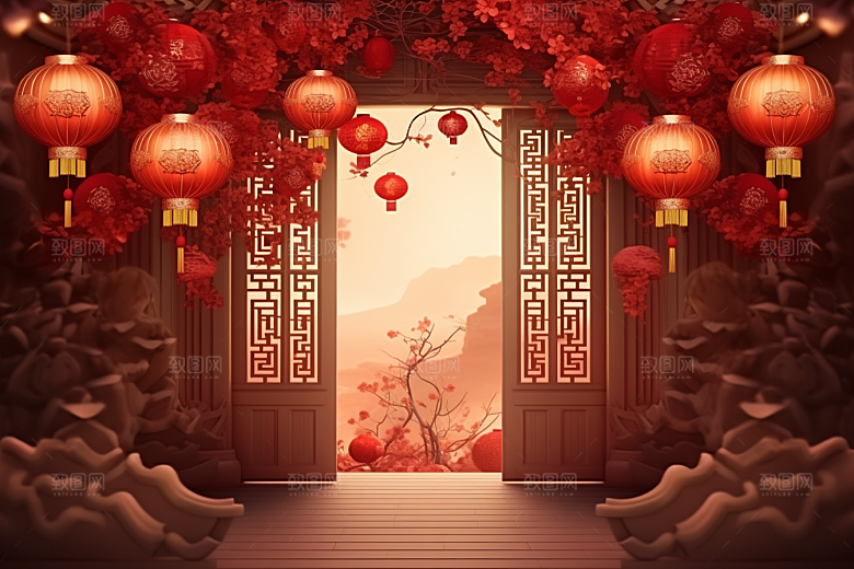 中式传统门楼中国风火热背景图
