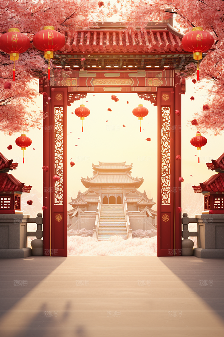 中式传统门楼热卖开业大吉背景图