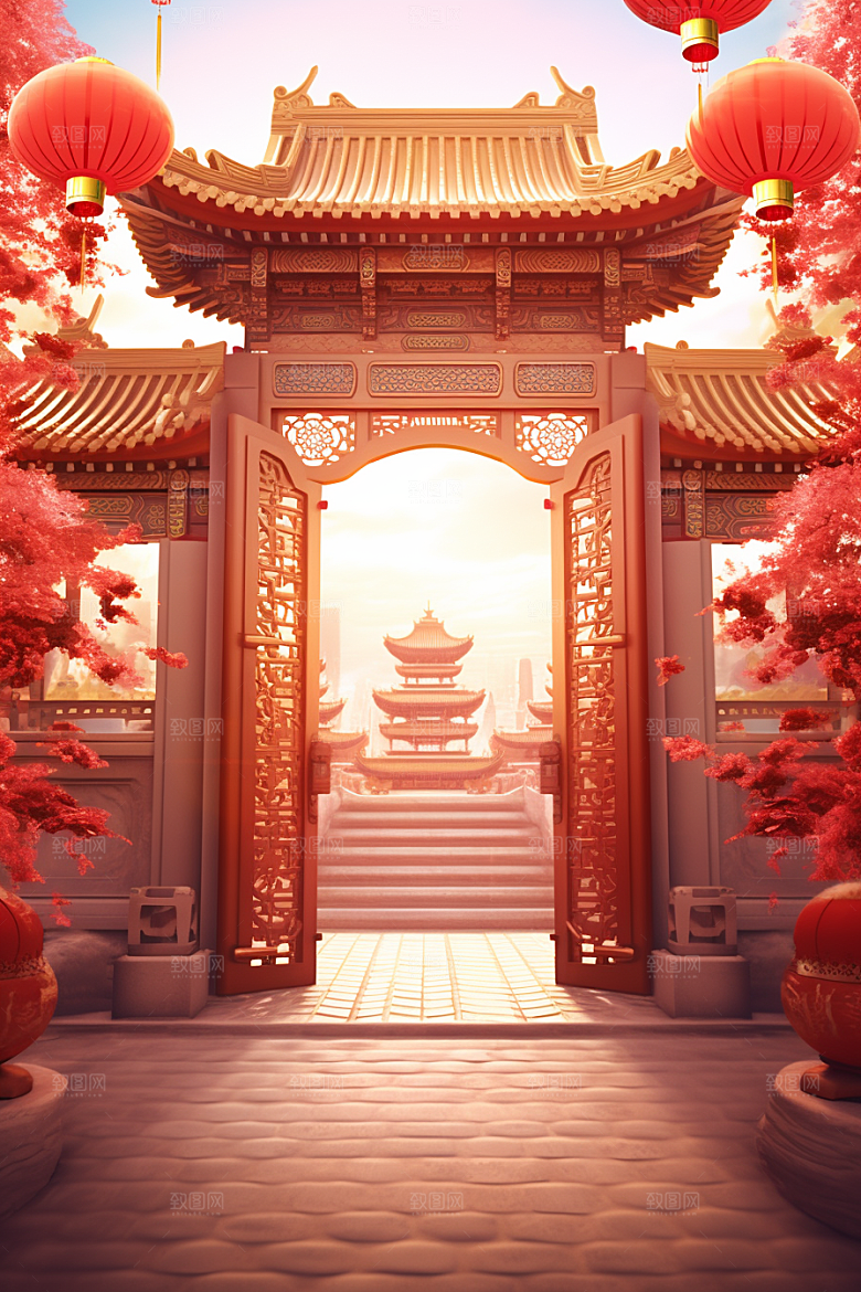中式传统门楼开业大吉开门红背景图