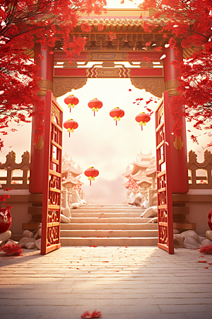 中式传统门楼火热开业背景图