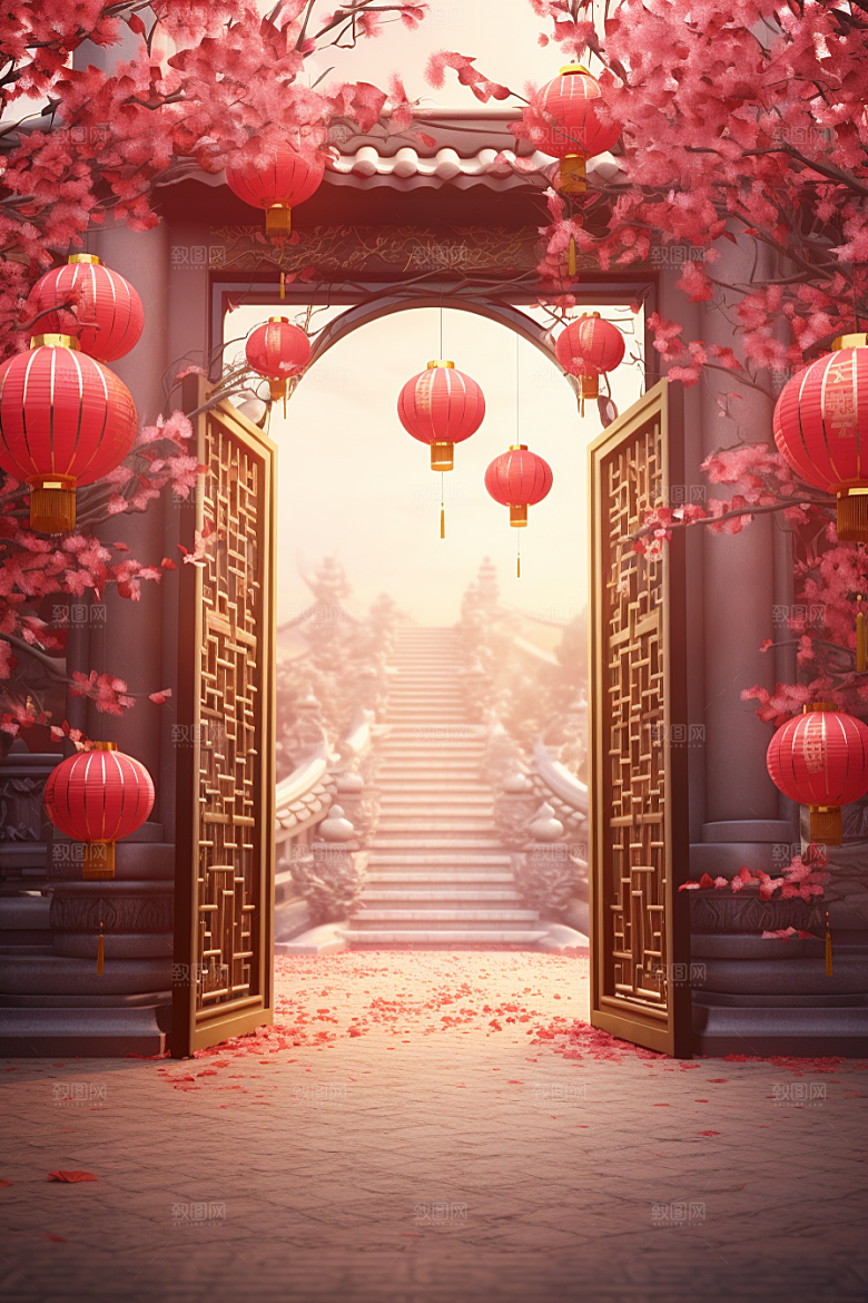 中式传统门楼火热直播背景图
