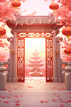 中式传统门楼火热开业大吉背景图