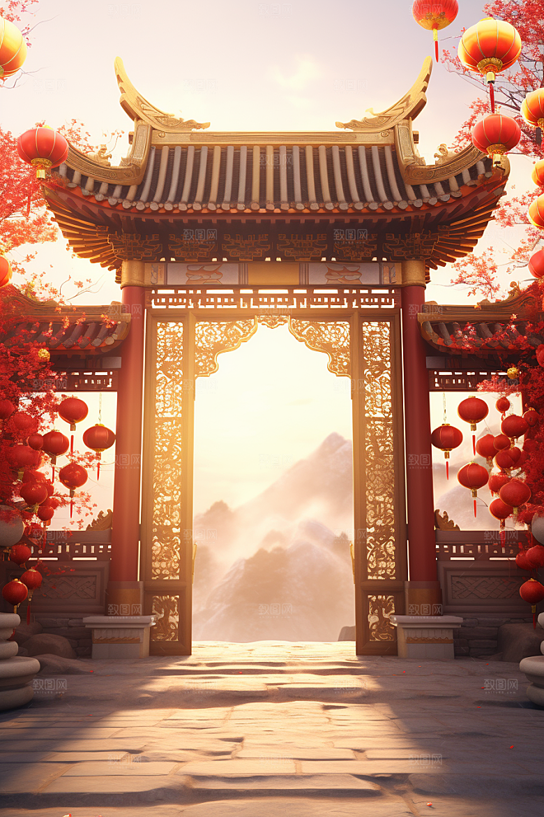 中式传统门楼开门红喜庆背景图