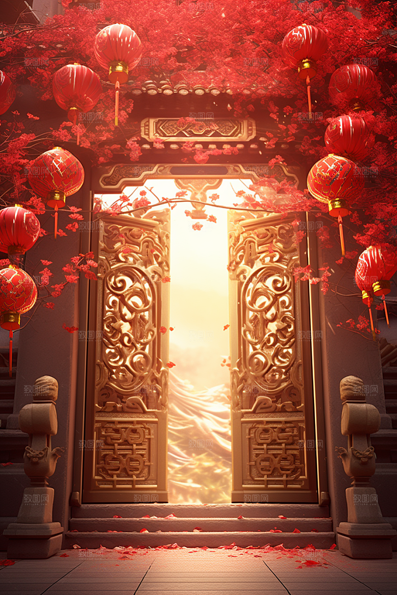 中式传统门楼火热直播背景图