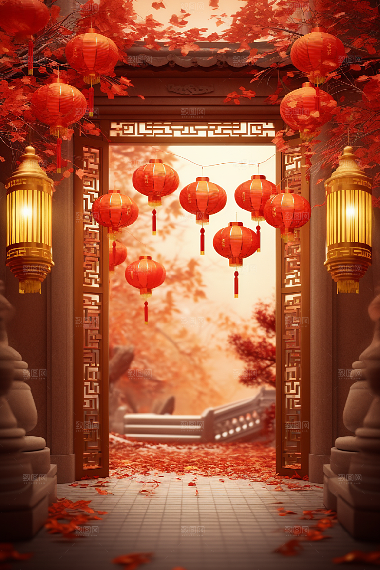 中式传统门楼促销国潮背景图