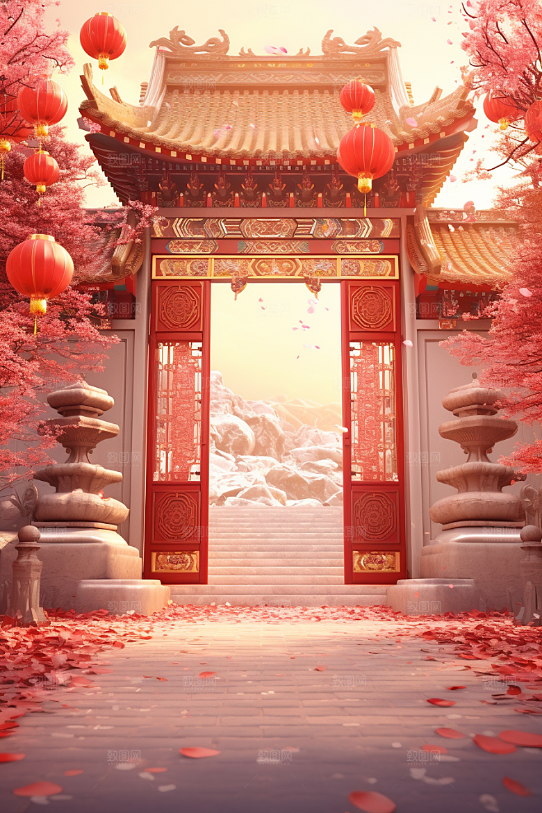 中式传统门楼喜庆直播背景图
