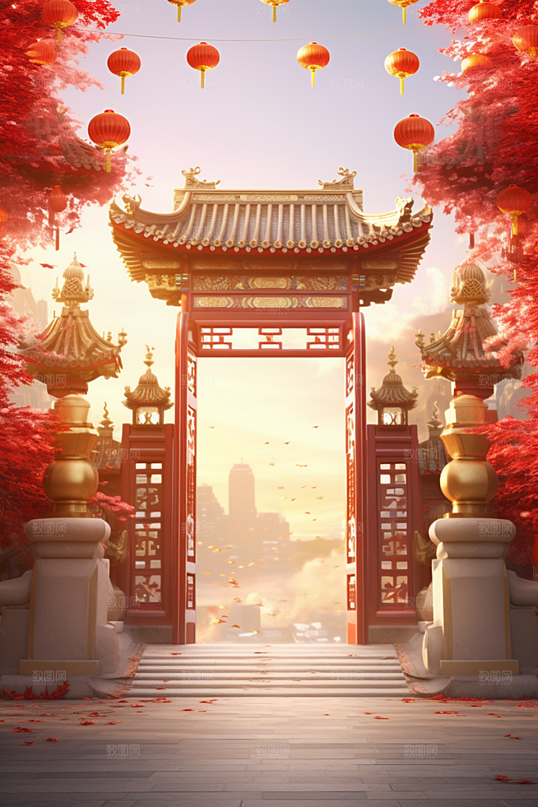 中式传统门楼喜庆开业背景图