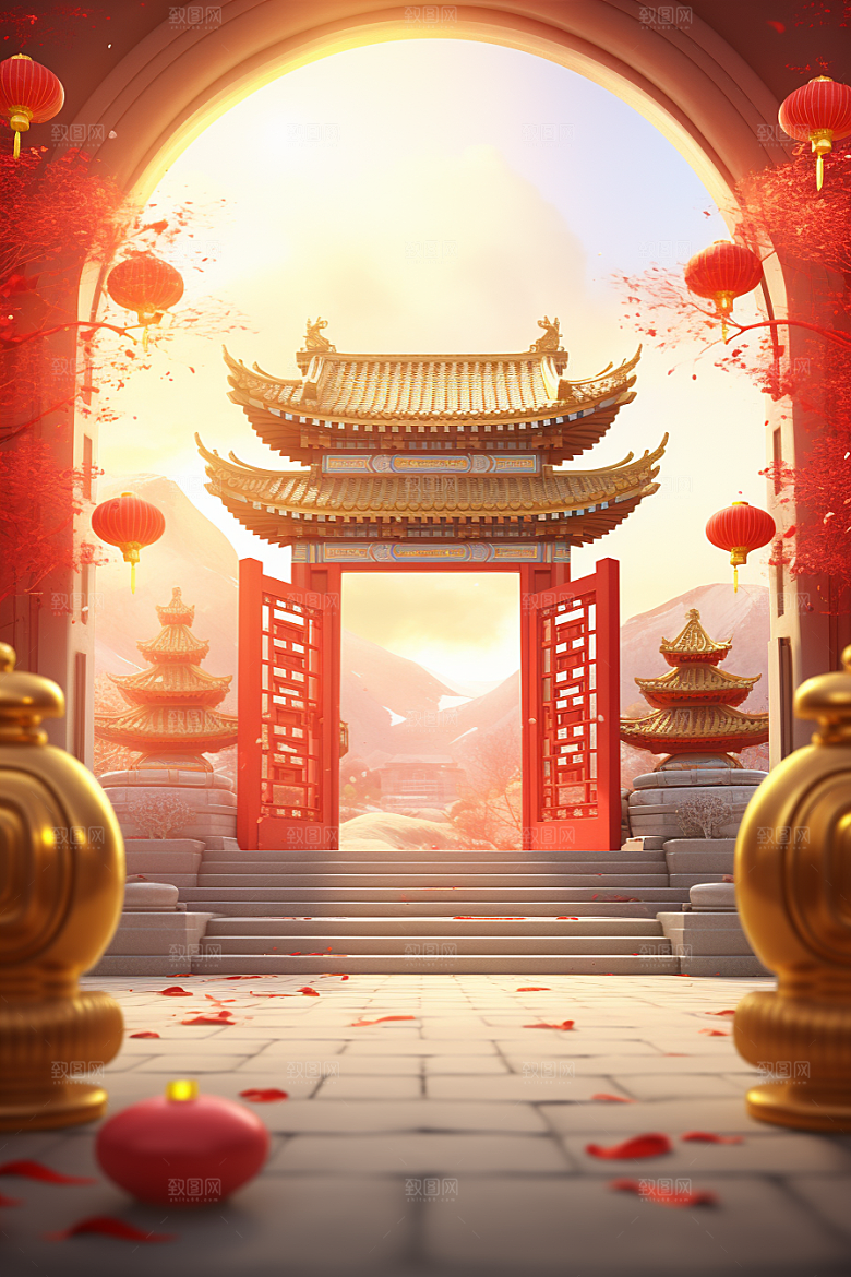 中式传统门楼喜庆开门红背景图
