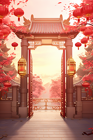 中式传统门楼喜庆火热背景图
