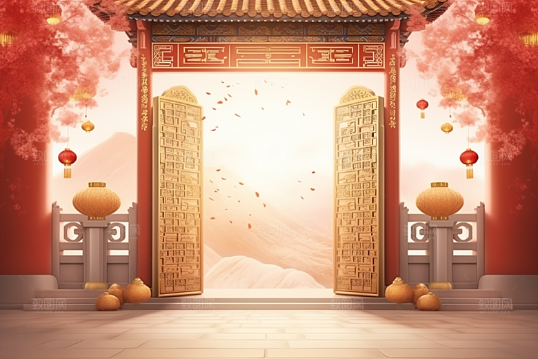 中式传统门楼开业热卖背景图