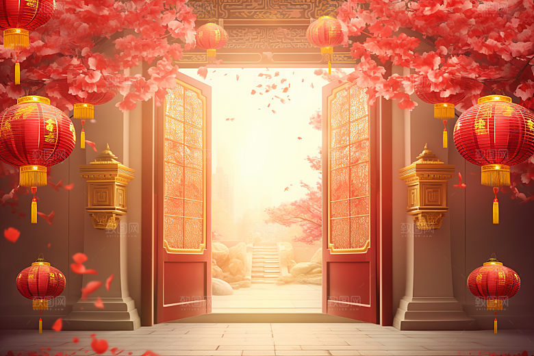 中式传统门楼火热中国风背景图